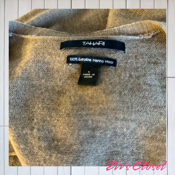 Tahari Long Cardigan 100% Extra Fine Merino Wool Size L Brown & Cream - Picture 7 of 7